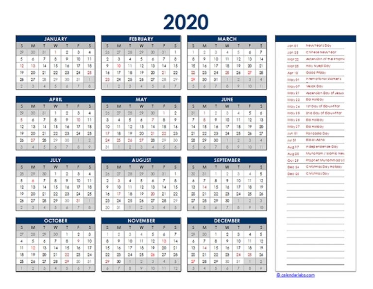 2020 Indonesia Yearly Excel Calendar - Free Printable Templates