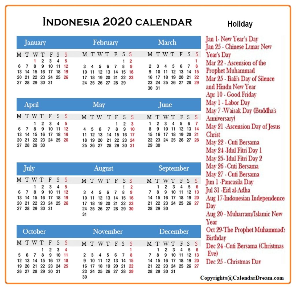 2020 Printable Free Indonesia Calendar Template [Pdf]