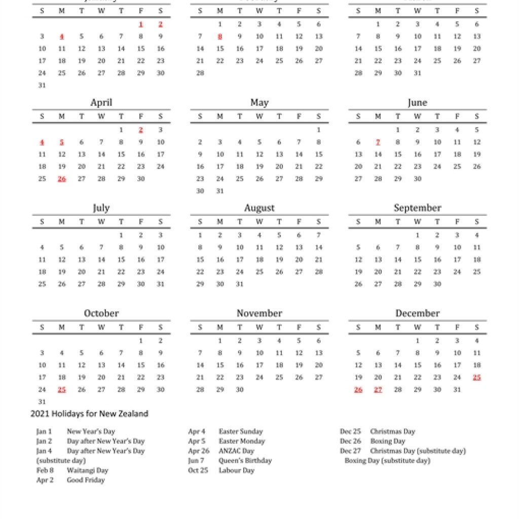 2021 Calendar - New Zealand With Holidays