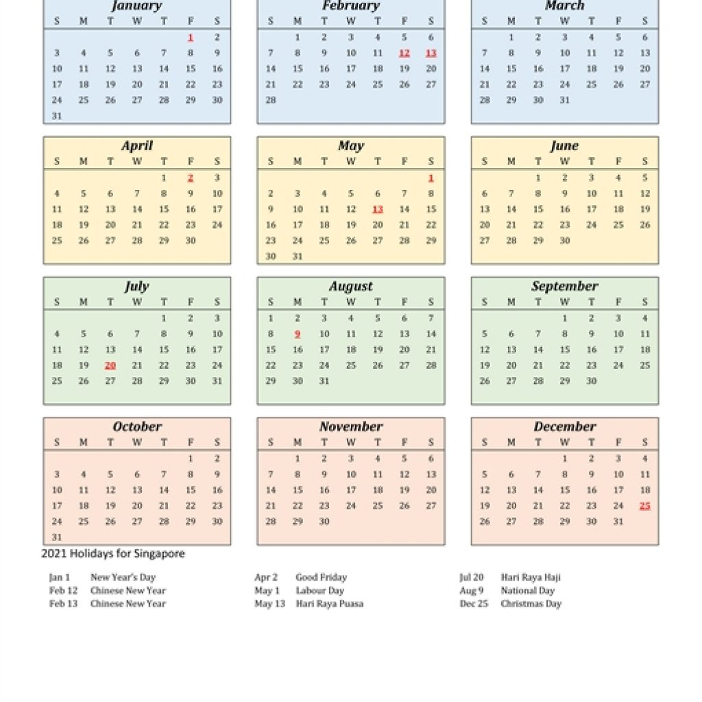 2021 Calendar - Singapore With Holidays