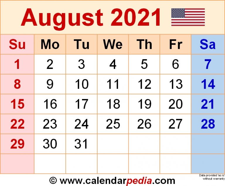 August 2021 - Calendar Templates For Word, Excel And Pdf