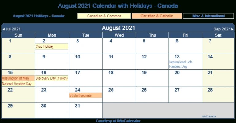 August 2021 Calendar With Holidays - Canada