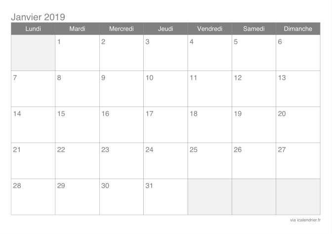 Calendrier 2019 Mensuel À Imprimer - Icalendrier