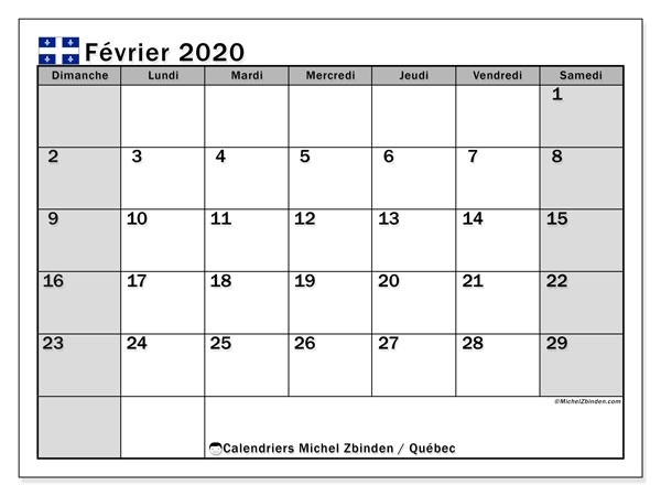 Calendrier Février 2020, Québec (Canada) - Michel Zbinden Fr