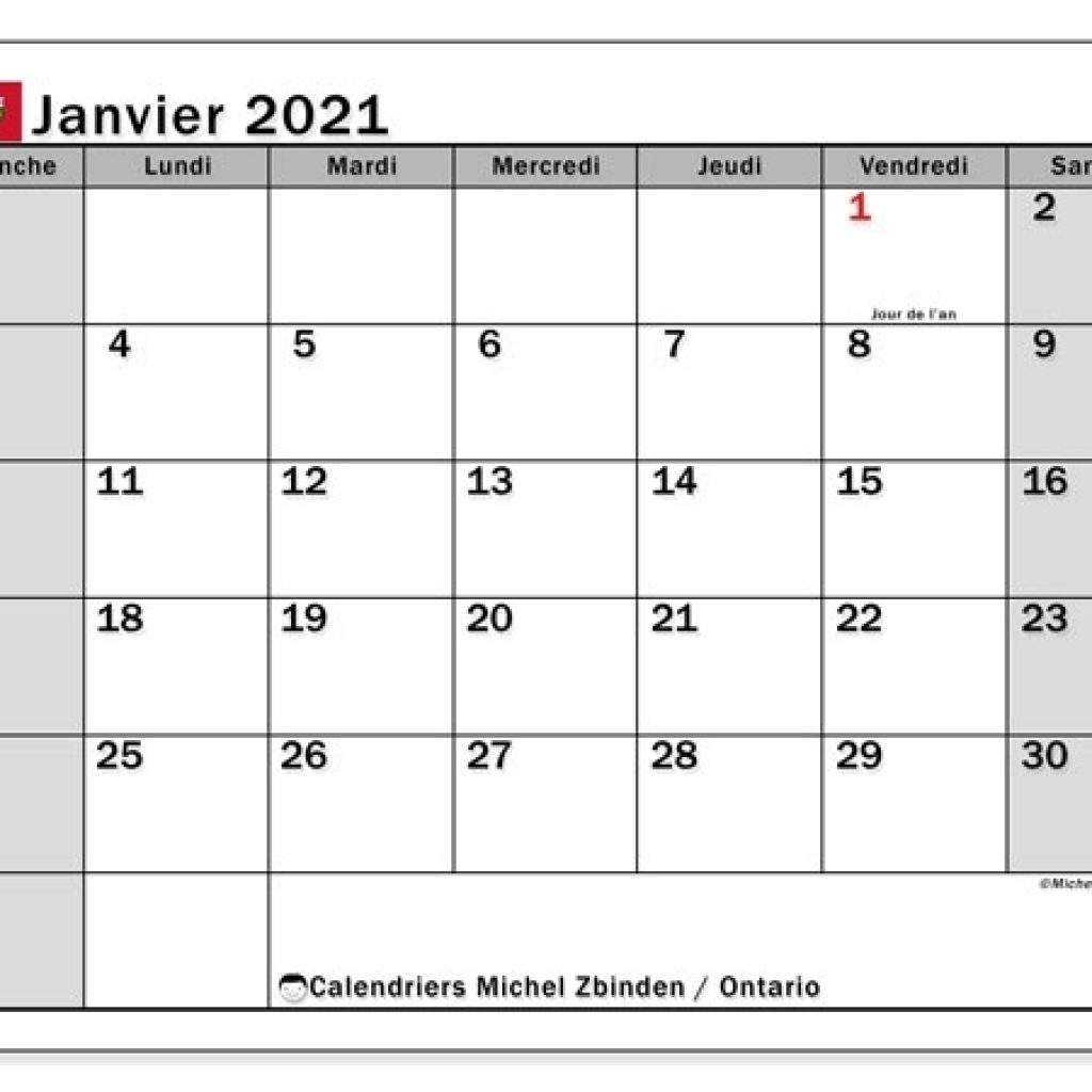 Calendrier Janvier 2021, Ontario (Canada) - Michel Zbinden Fr