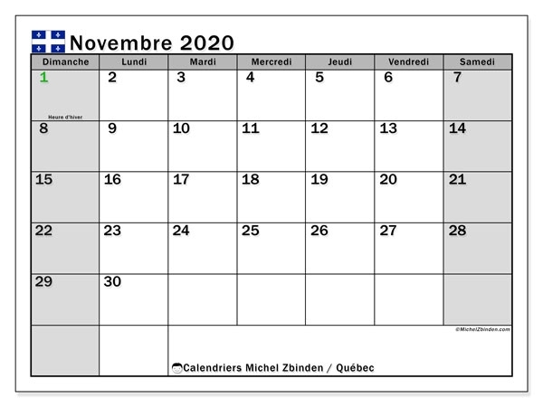 Calendrier Novembre 2020, Québec (Canada) - Michel Zbinden Fr