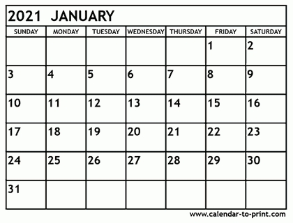 January 2021 Calendar Printable