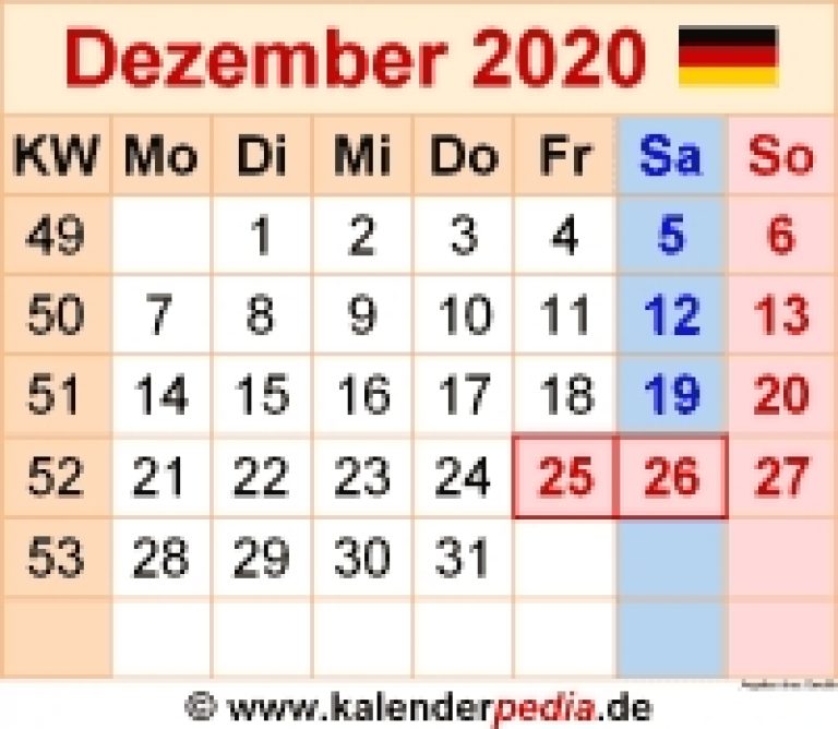 Kalender Dezember 2020 Als Excel-Vorlagen