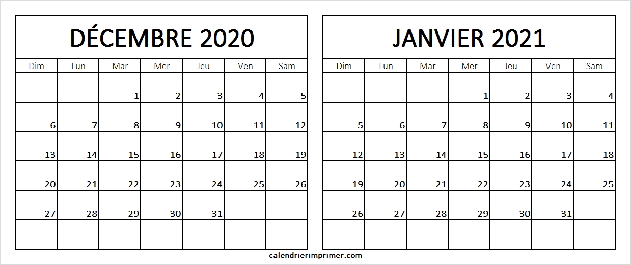 Modèle Calendrier Décembre 2020 Janvier 2021 Vacances À Imprimer