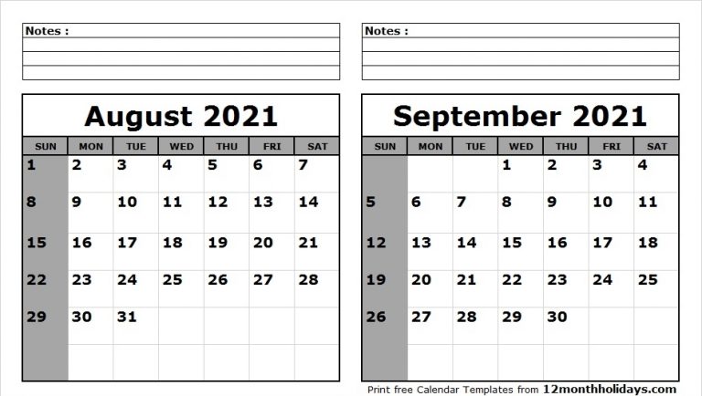 Print August September 2021 Calendar Template | 2 Month Calendar