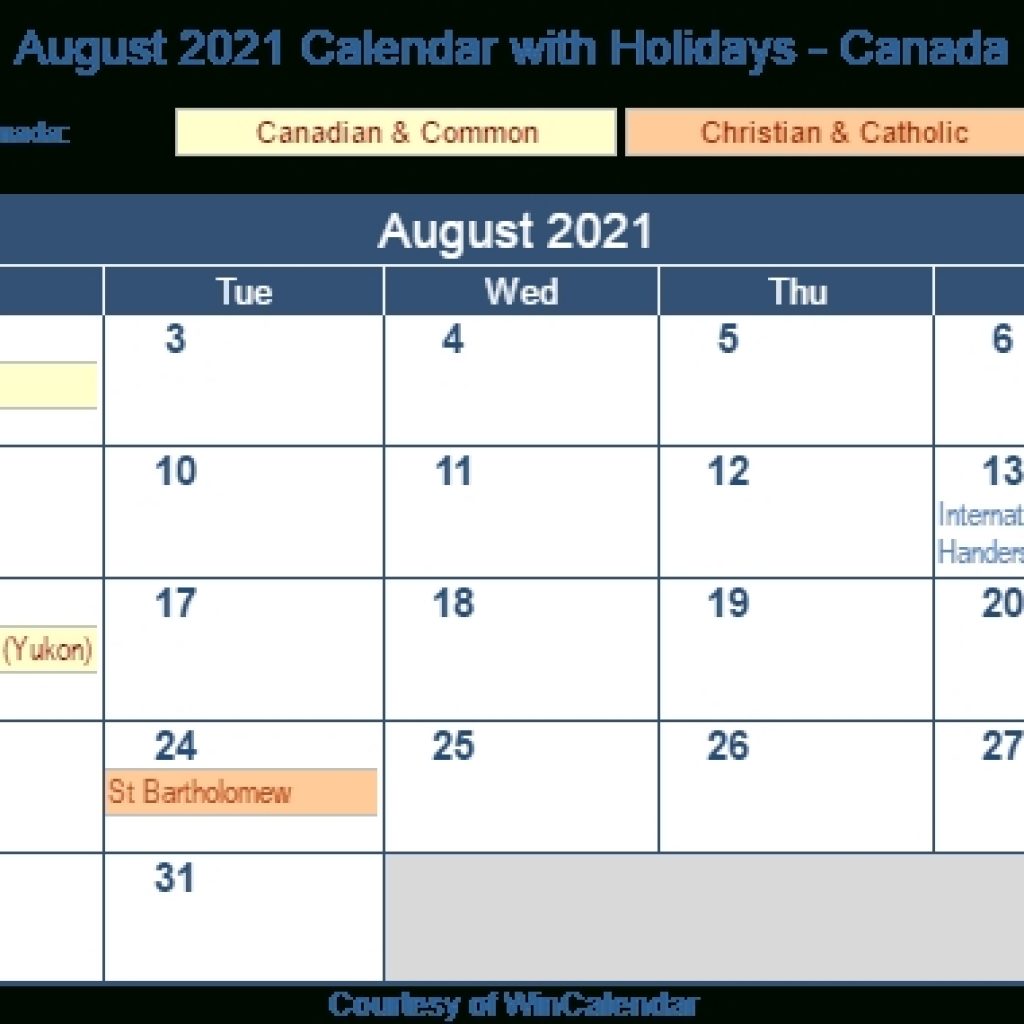 August 2021 Calendar With Holidays - Canada