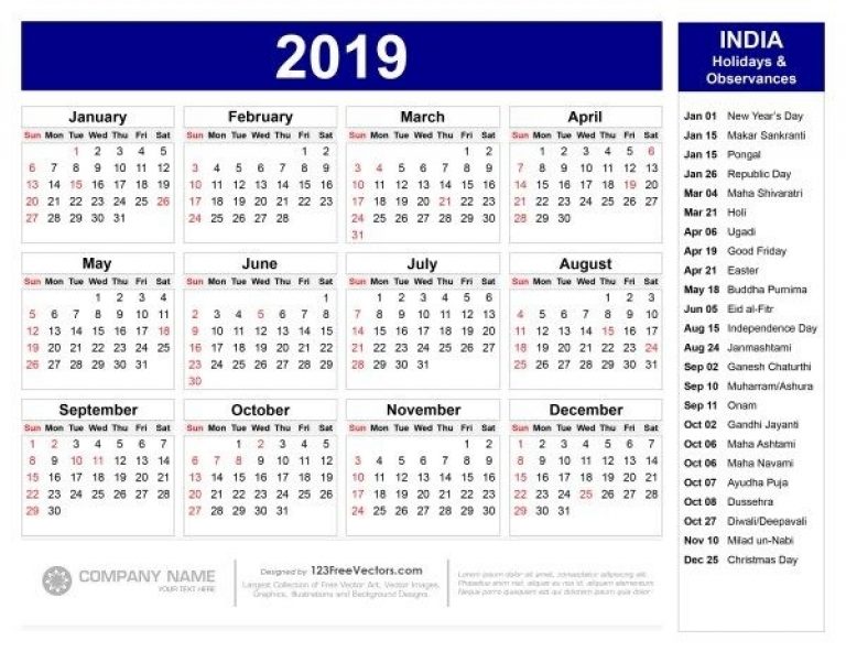 2019 Calendar With Indian Holidays Pdf | Calendar 2019