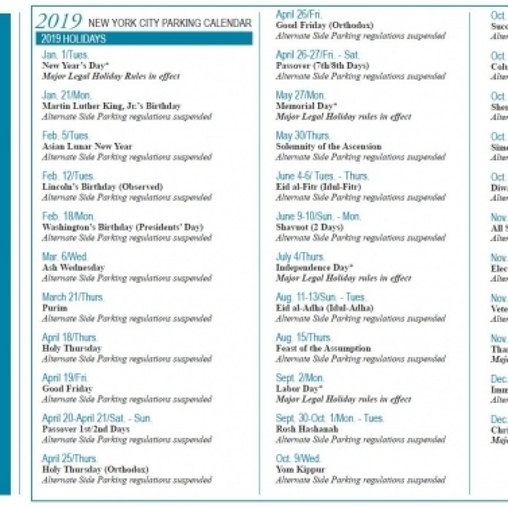 2019 New York City Parking Calendar, Courtesy Of Senator