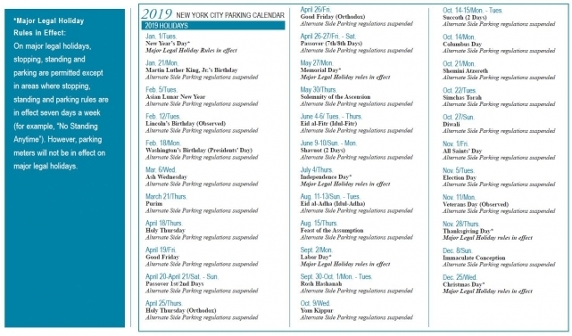 2019 New York City Parking Calendar, Courtesy Of Senator