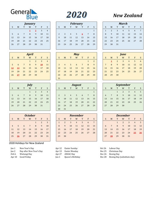 2020 Calendar - New Zealand With Holidays