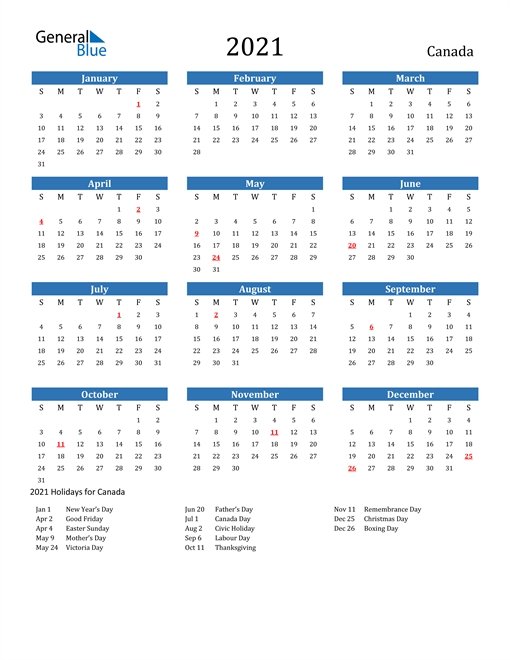 2021 Calendar - Canada With Holidays