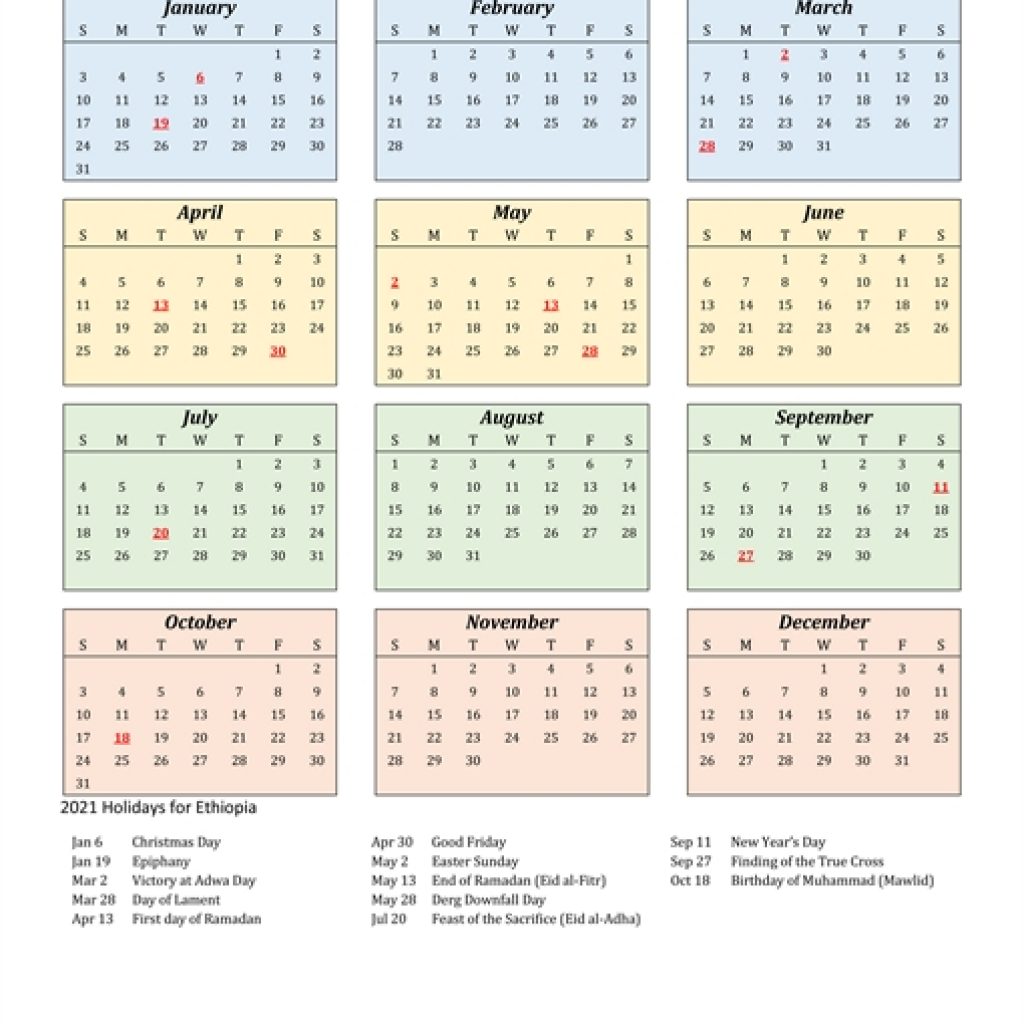 2021 Calendar - Ethiopia With Holidays