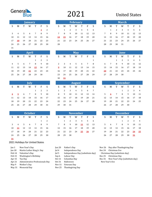 2021 Calendar - United States With Holidays