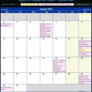 August 2021 Calendar With Holidays - European Union And