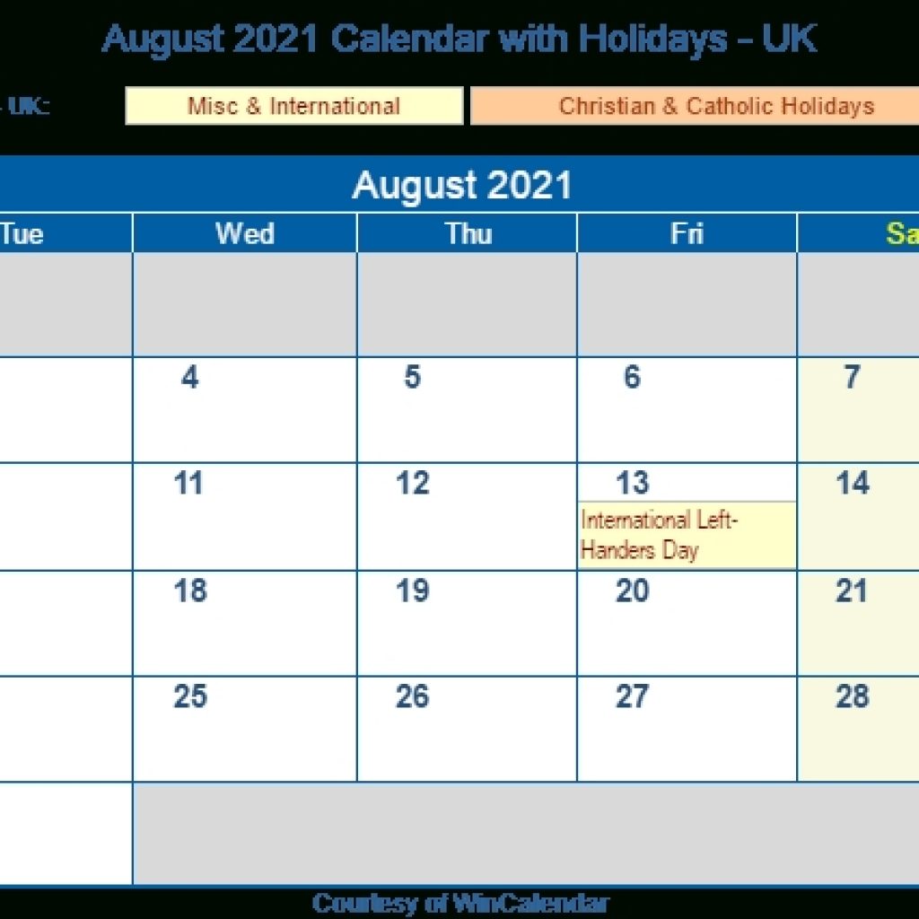 August 2021 Calendar With Holidays - United Kingdom