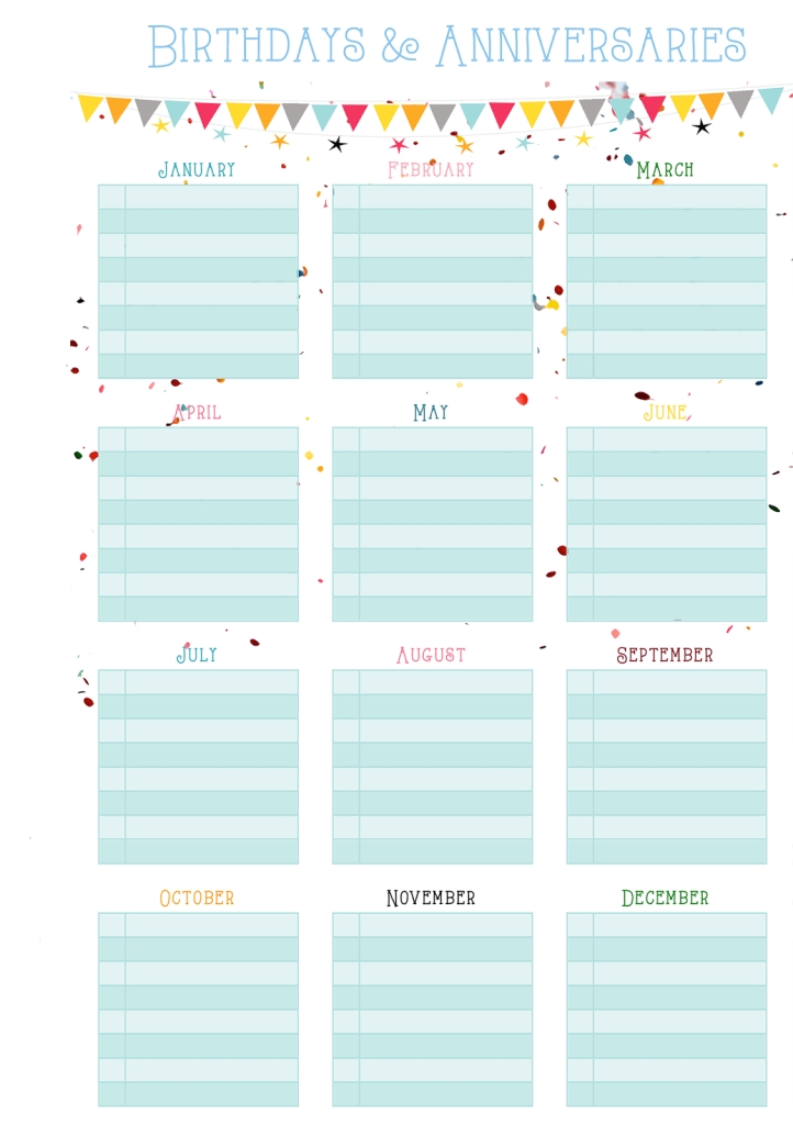 Birthdays &amp; Anniversaries On One Page – Free Printable