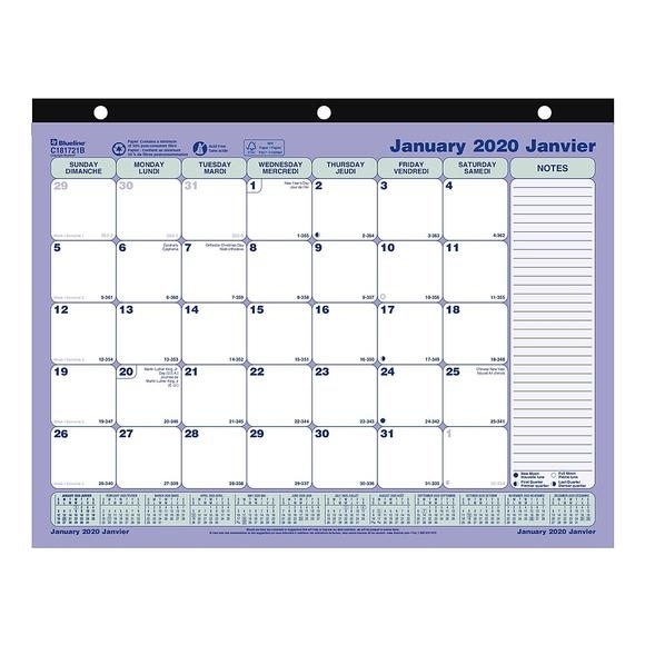 Blueline Monthly Desk Pad Calendar, 3-Hole Punched, 11&quot; X 8-1/2&quot;, Bilingual  (C181721B-20)