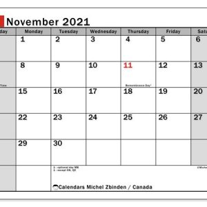 Calendar November 2021 - Canada - Michel Zbinden En