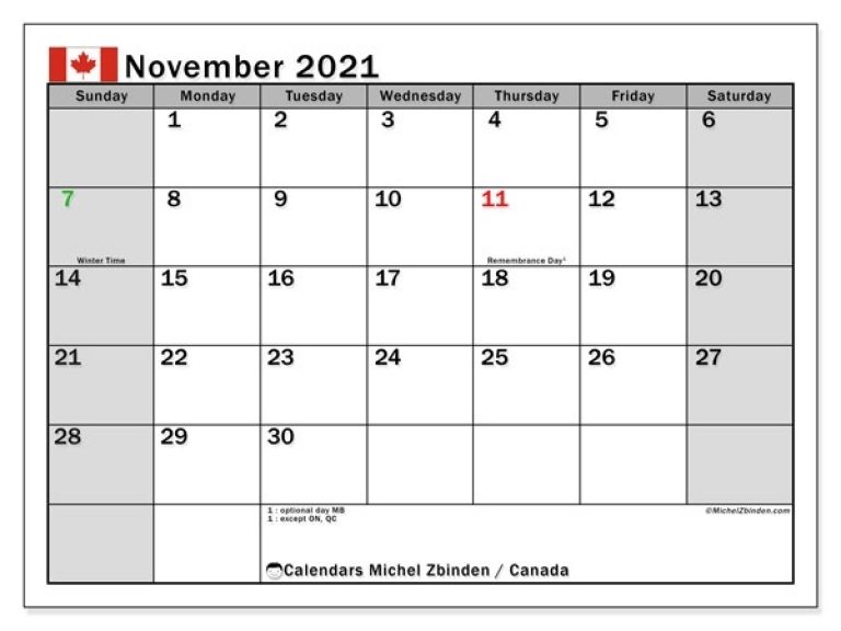 Calendar November 2021 - Canada - Michel Zbinden En