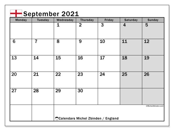 Calendar September 2021 - England - Michel Zbinden En