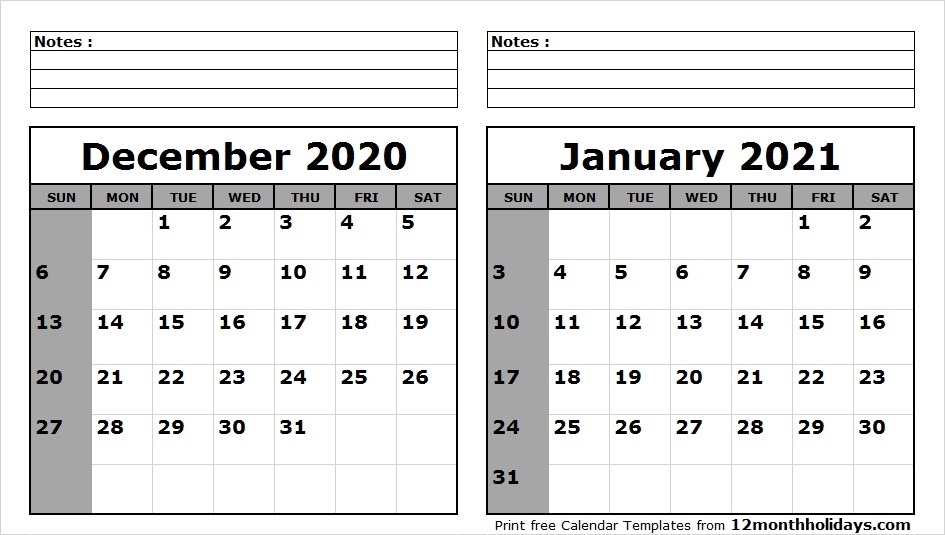 December-2020-January-2021-Calendar-Printable - All 12 Month