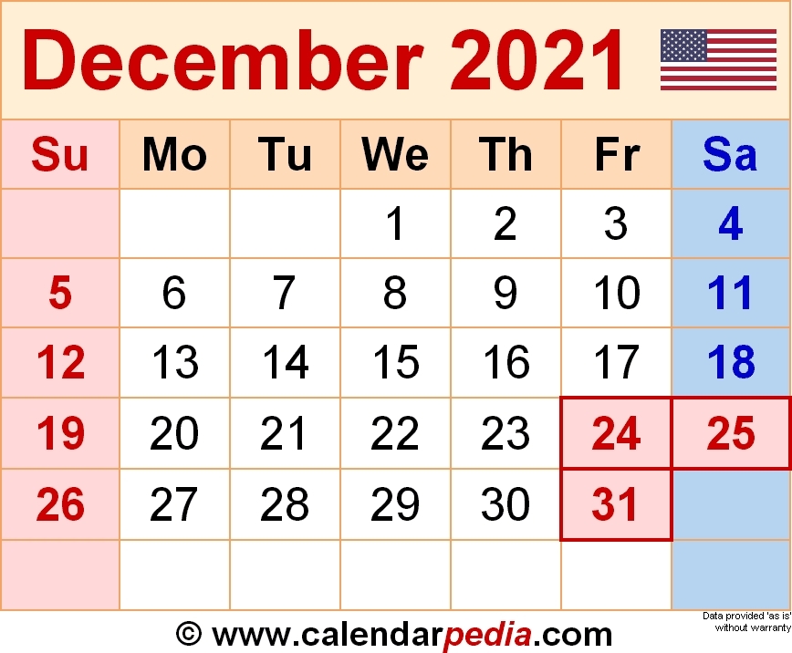 December 2021 Calendars For Word, Excel &amp; Pdf | Free