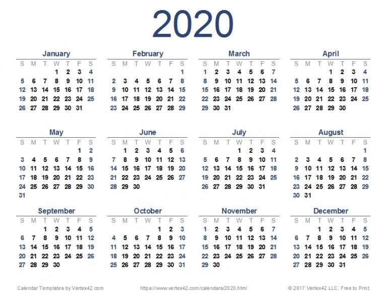 Download And Print A Free 2020 Calendar (Pdf) From Vertex42