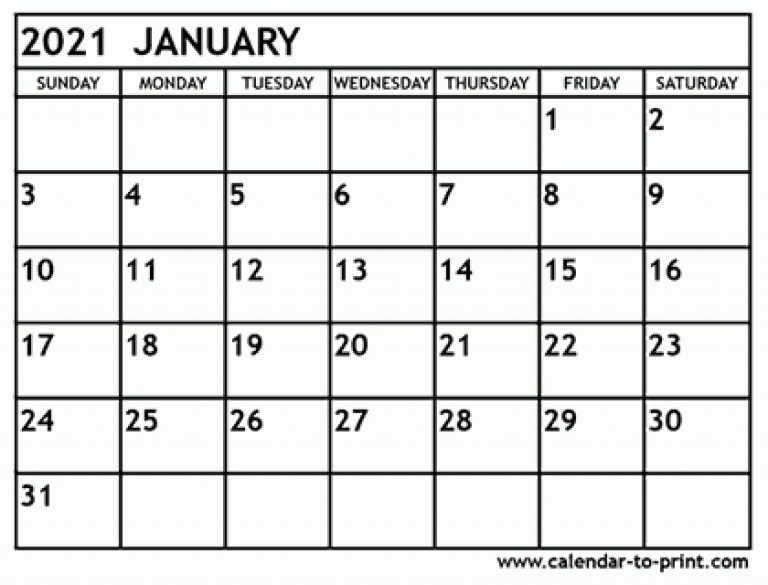 January 2021 Calendar Printable