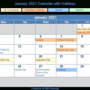 January 2021 Calendar With Holidays - United States