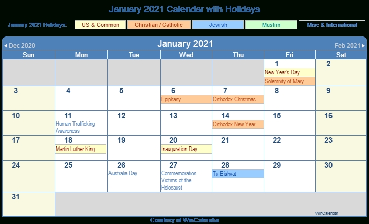 January 2021 Calendar With Holidays - United States