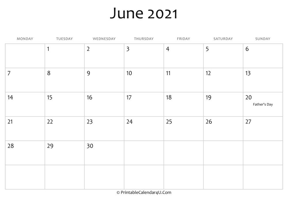 June 2021 Editable Calendar With Holidays