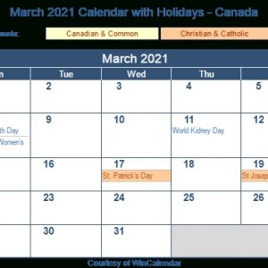 Print Friendly March 2021 Canada Calendar For Printing