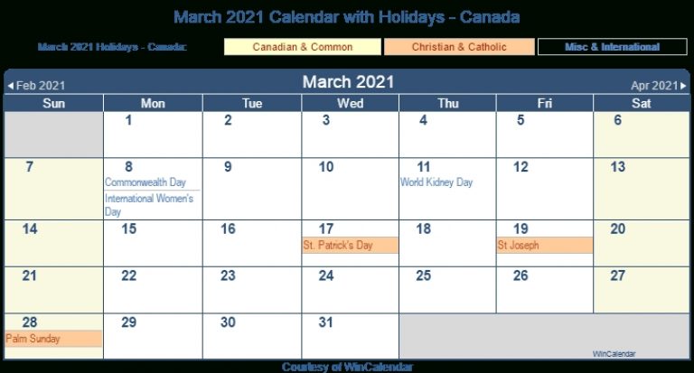 Print Friendly March 2021 Canada Calendar For Printing