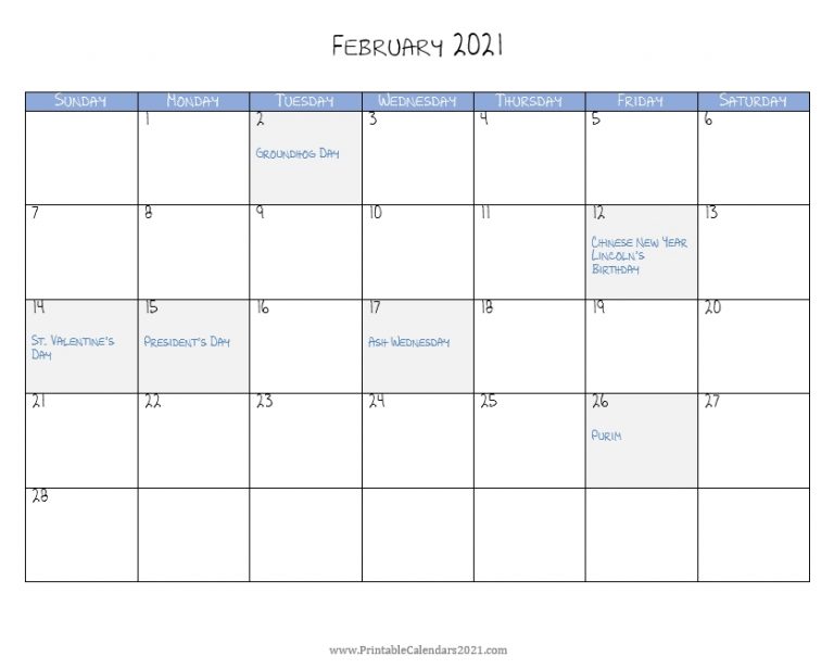 Printable Calendar February 2021 With Holidays Blank