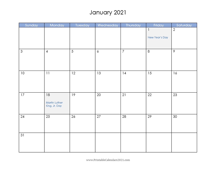 Printable Calendar January 2021 With Holidays Blank