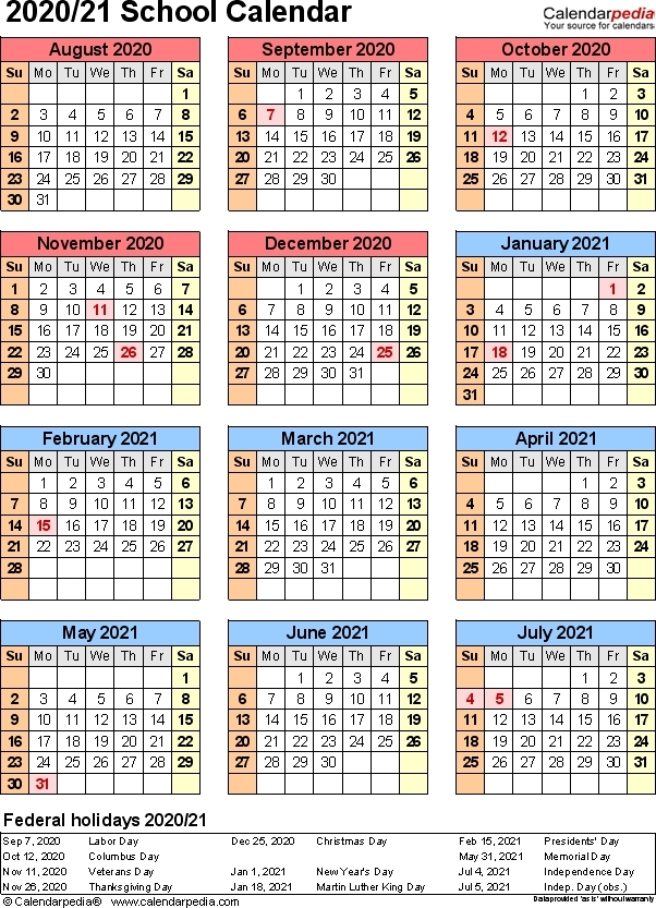 School Calendars 2020/2021 – Free Printable Word Templates