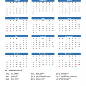 2021 Calendar - Australia With Holidays