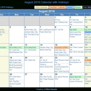August 2019 Calendar With Holidays - United States