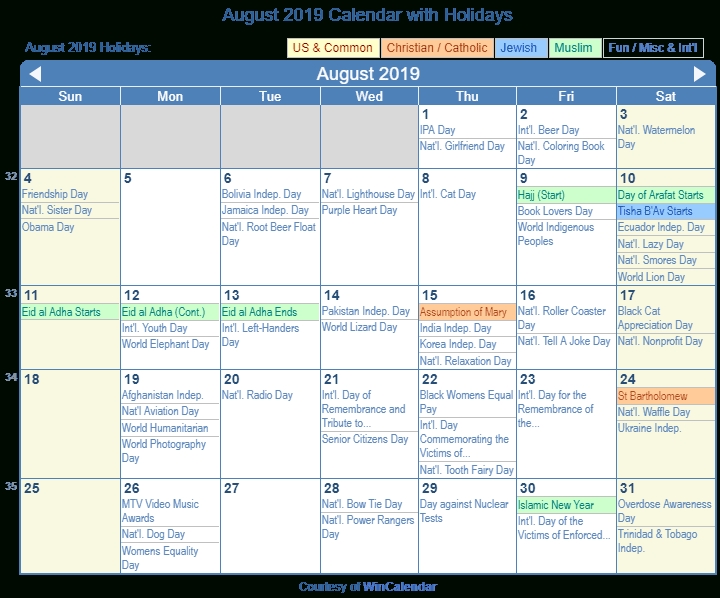 August 2019 Calendar With Holidays - United States