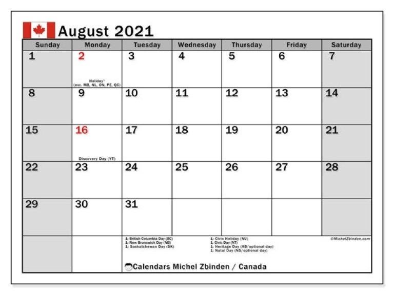 Calendar August 2021 - Canada - Michel Zbinden En