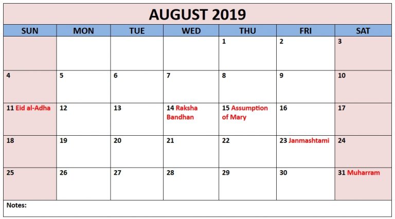 Editable August 2019 Holidays Calendar | Calendar Template