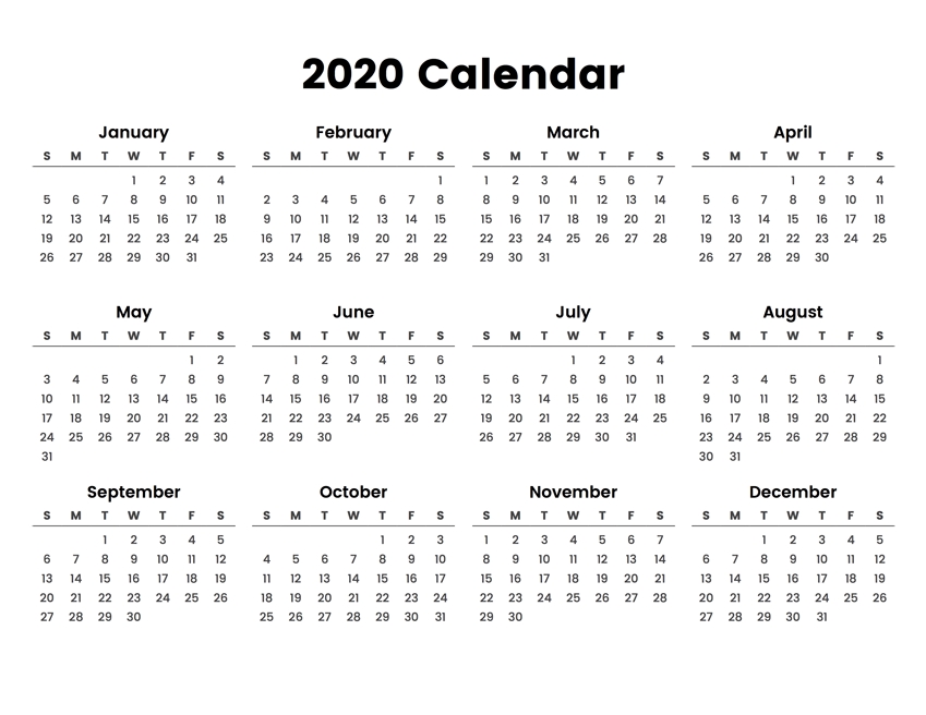 Full Year Calendar 2020