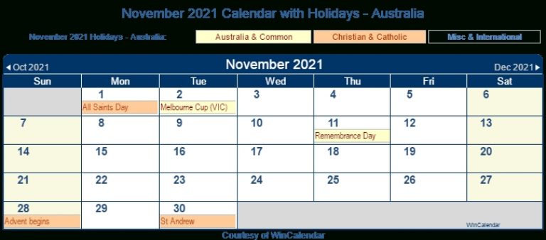 November 2021 Calendar With Holidays - Australia