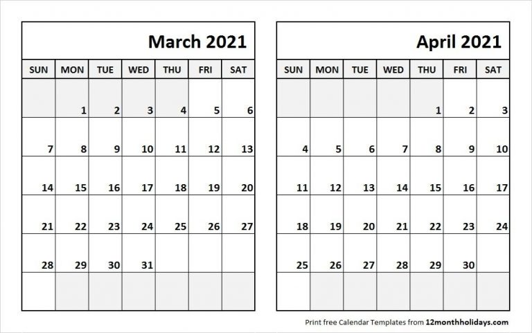 Print March April 2021 Calendar Template In 2020 (With