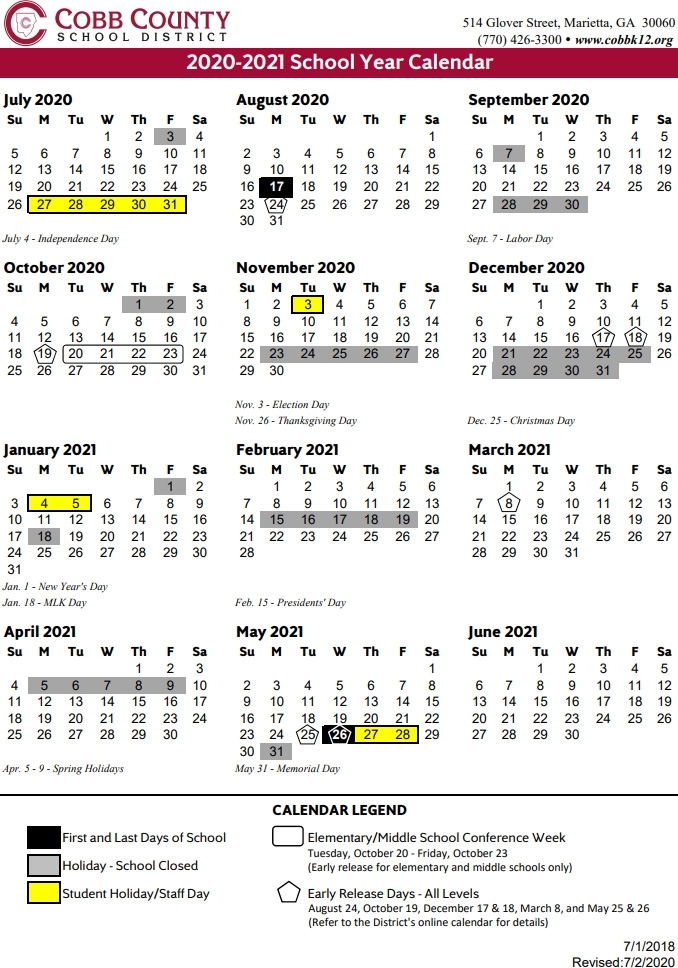 Cobb County School Calendar 2020-2021 | Marietta